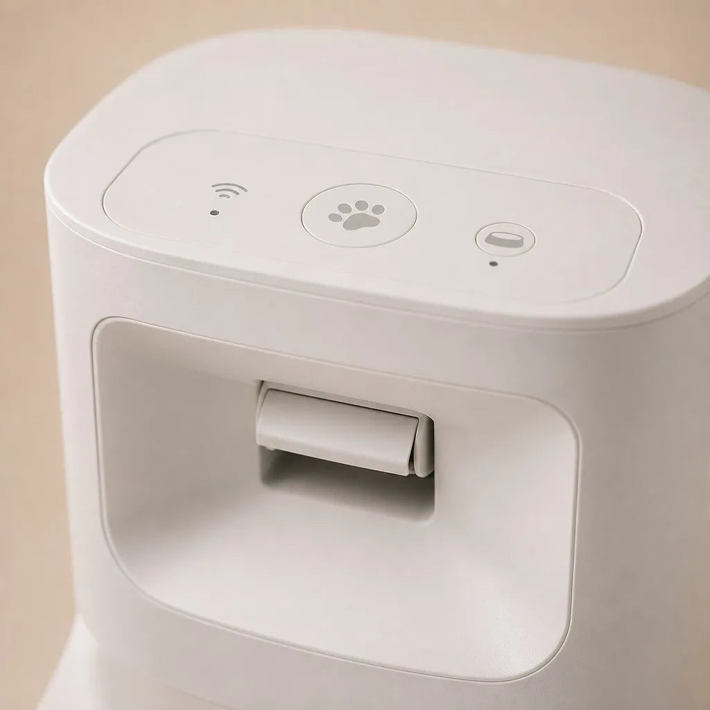 OpenClaw Aura pet feeder control panel and dispensing chute close-up