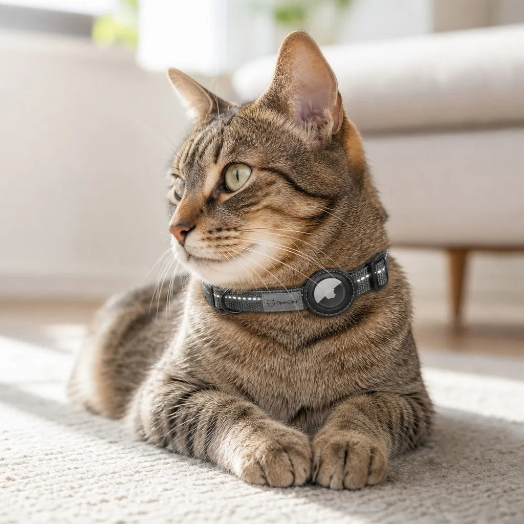 OpenClaw Lite Track AirTag-ready breakaway cat collar on cat indoors