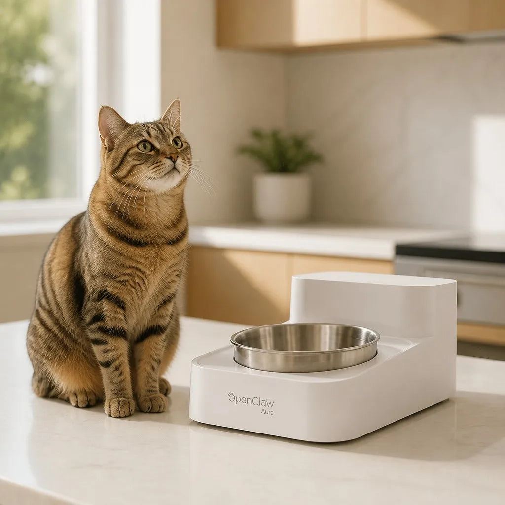 OpenClaw Aura smart pet feeder on modern kitchen counter with cat looking up