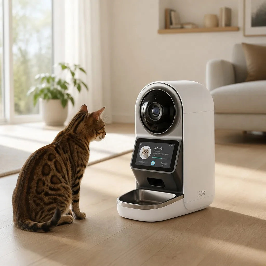 OpenClaw Aura 4K AI Vision Smart Pet Feeder in a Nordic living room with cat waiting for food