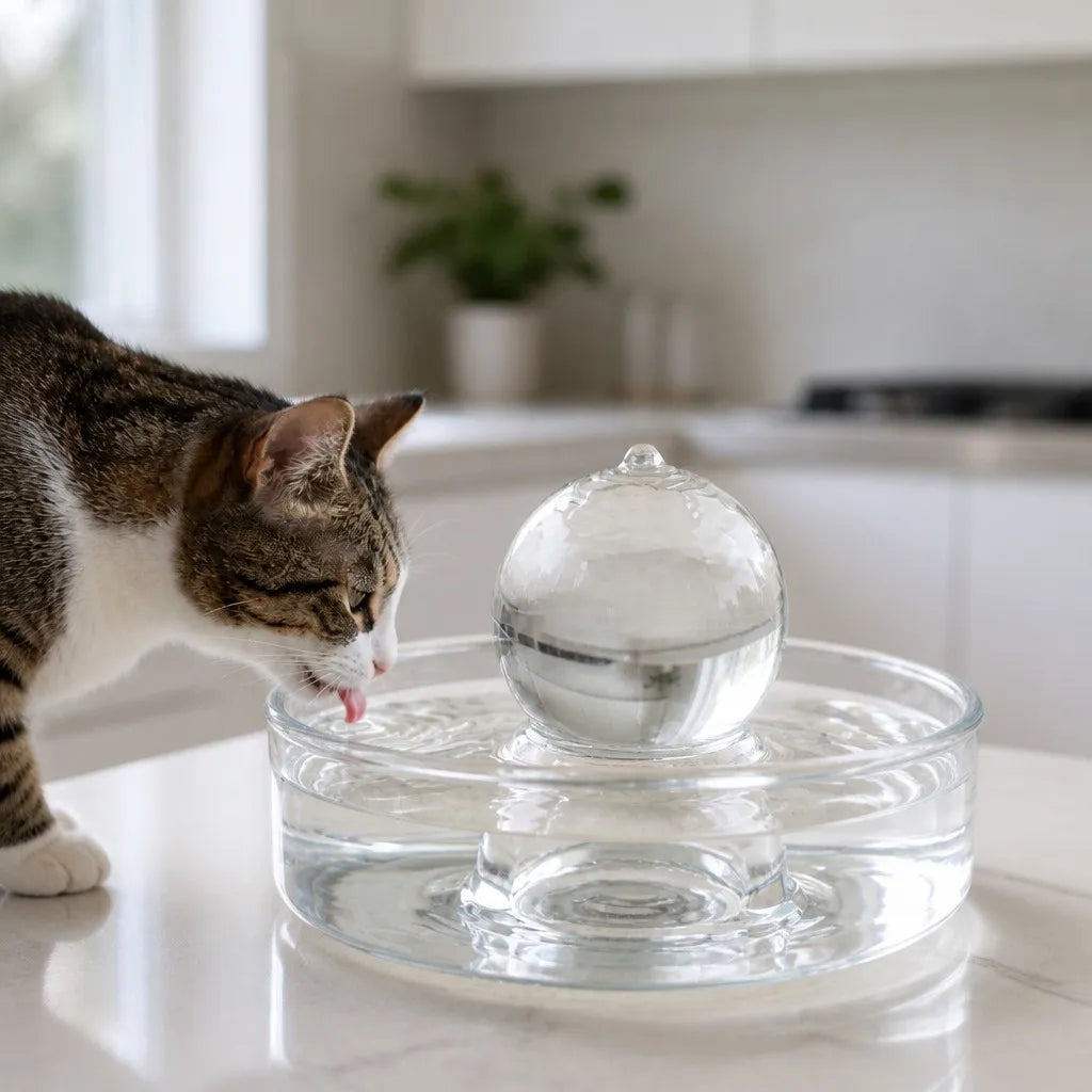 OpenClaw Flow Pro smart water fountain in bright kitchen with cat drinking