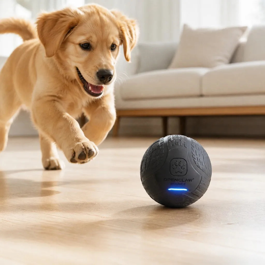 OpenClaw Chase AI obstacle-avoiding dog toy ball with puppy chasing it on living room floor