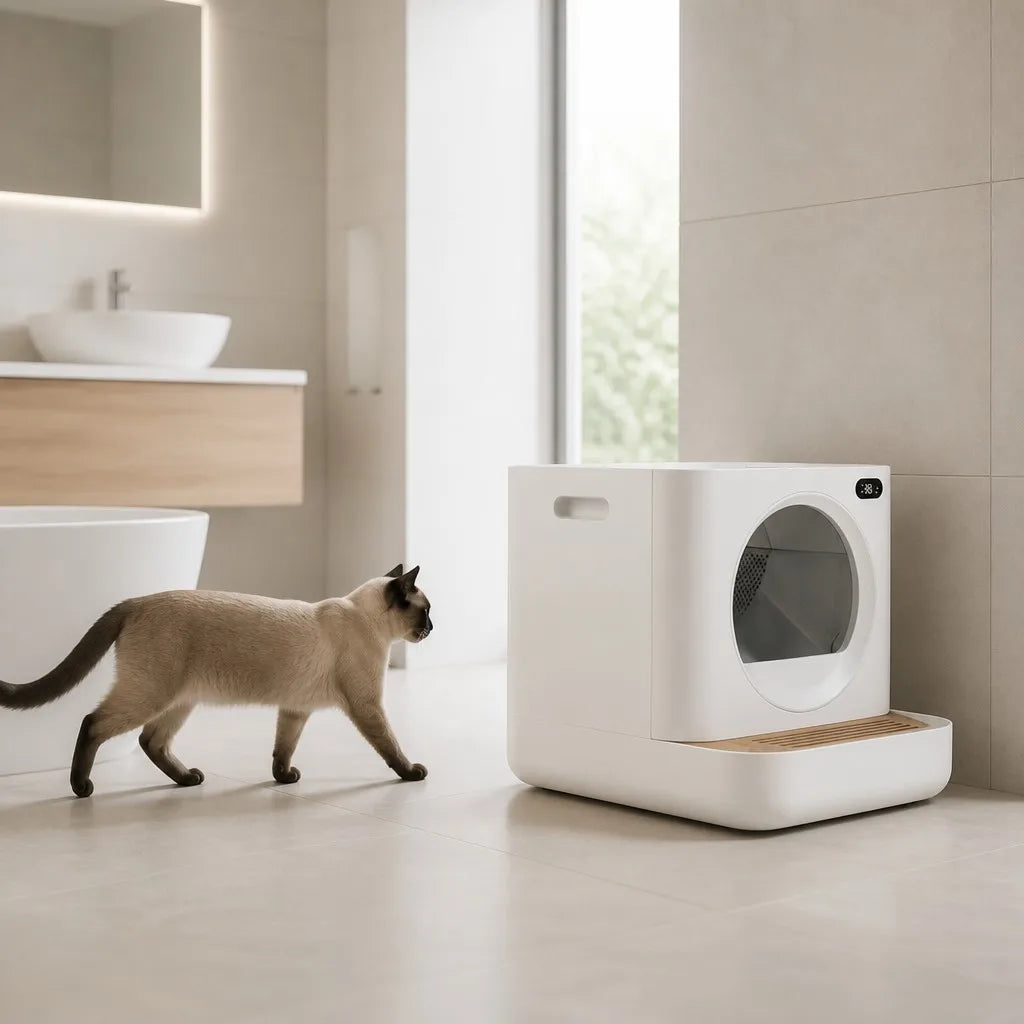 OpenClaw Nordic Throne Pro self-cleaning litter box in modern bathroom with cat