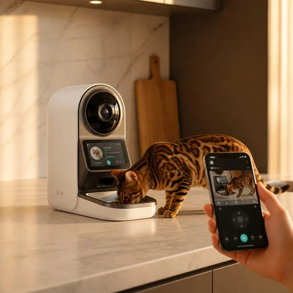 OpenClaw Aura 4K pet feeder with cat eating while owner checks live view on smartphone app