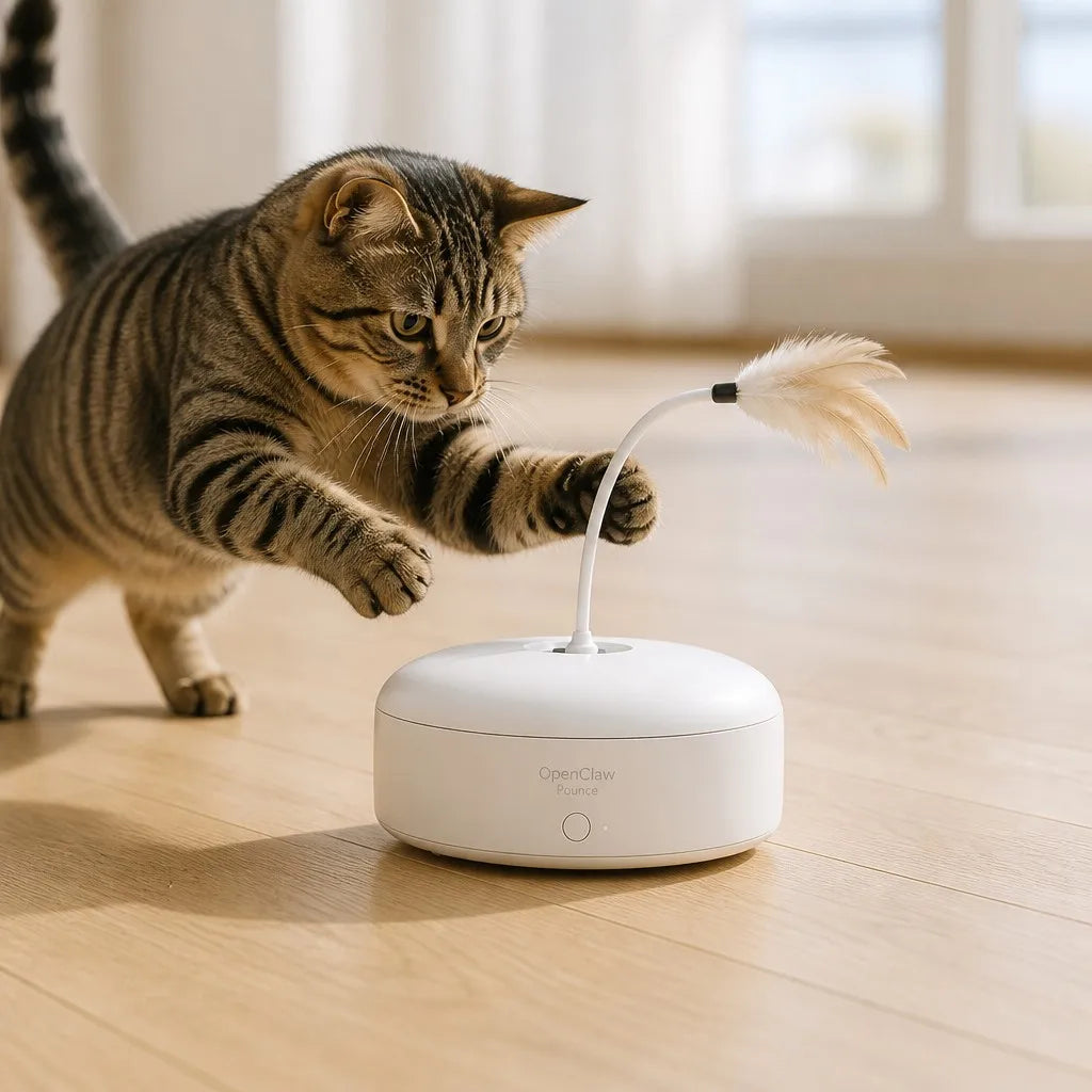 OpenClaw Pounce interactive feather cat toy with cat swatting at feather
