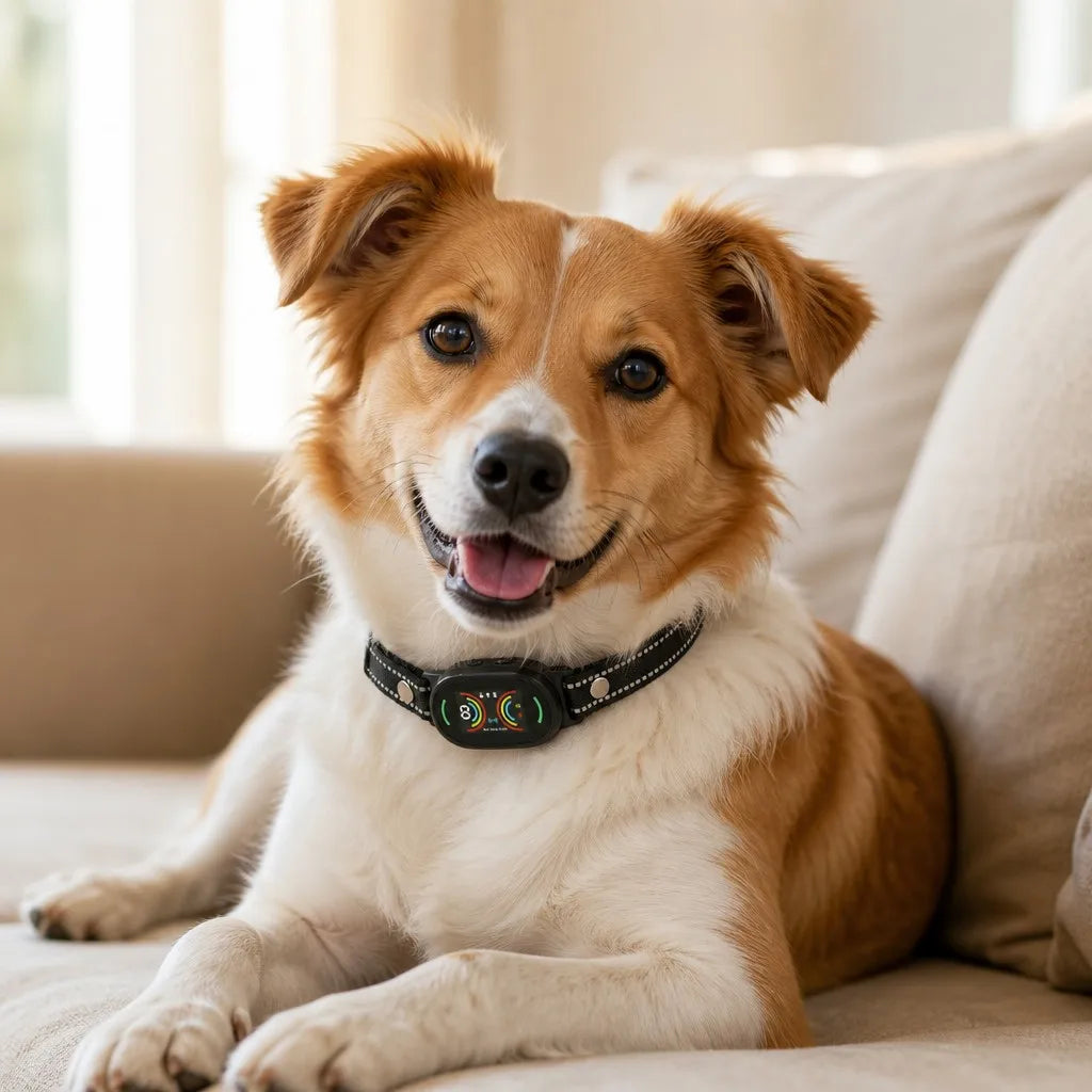 OpenClaw Hush gentle anti-bark training collar on dog at home on sofa