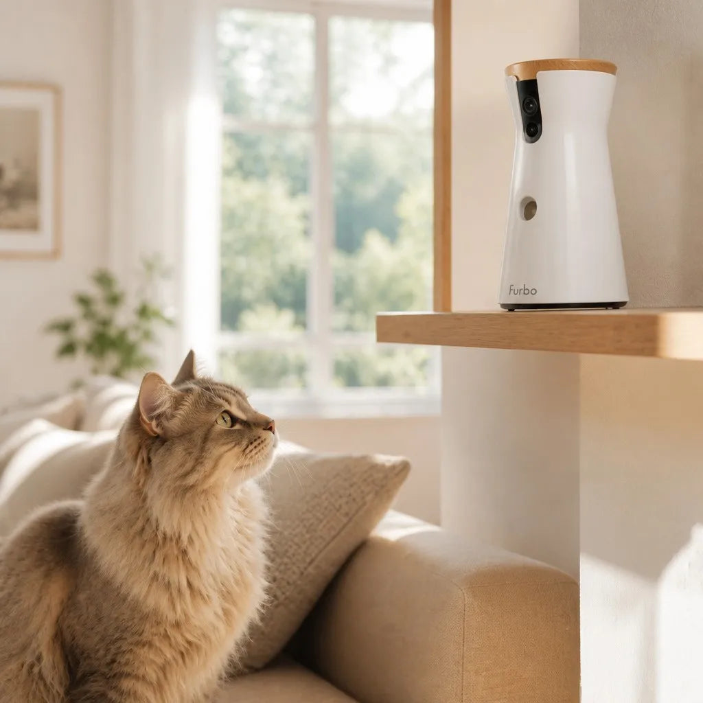 OpenClaw Watch 360 pet camera on living room shelf with curious cat looking at it