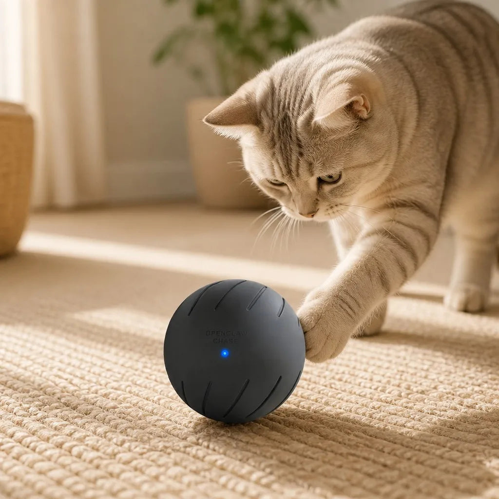 OpenClaw Chase interactive cat toy sphere with curious cat batting it on rug