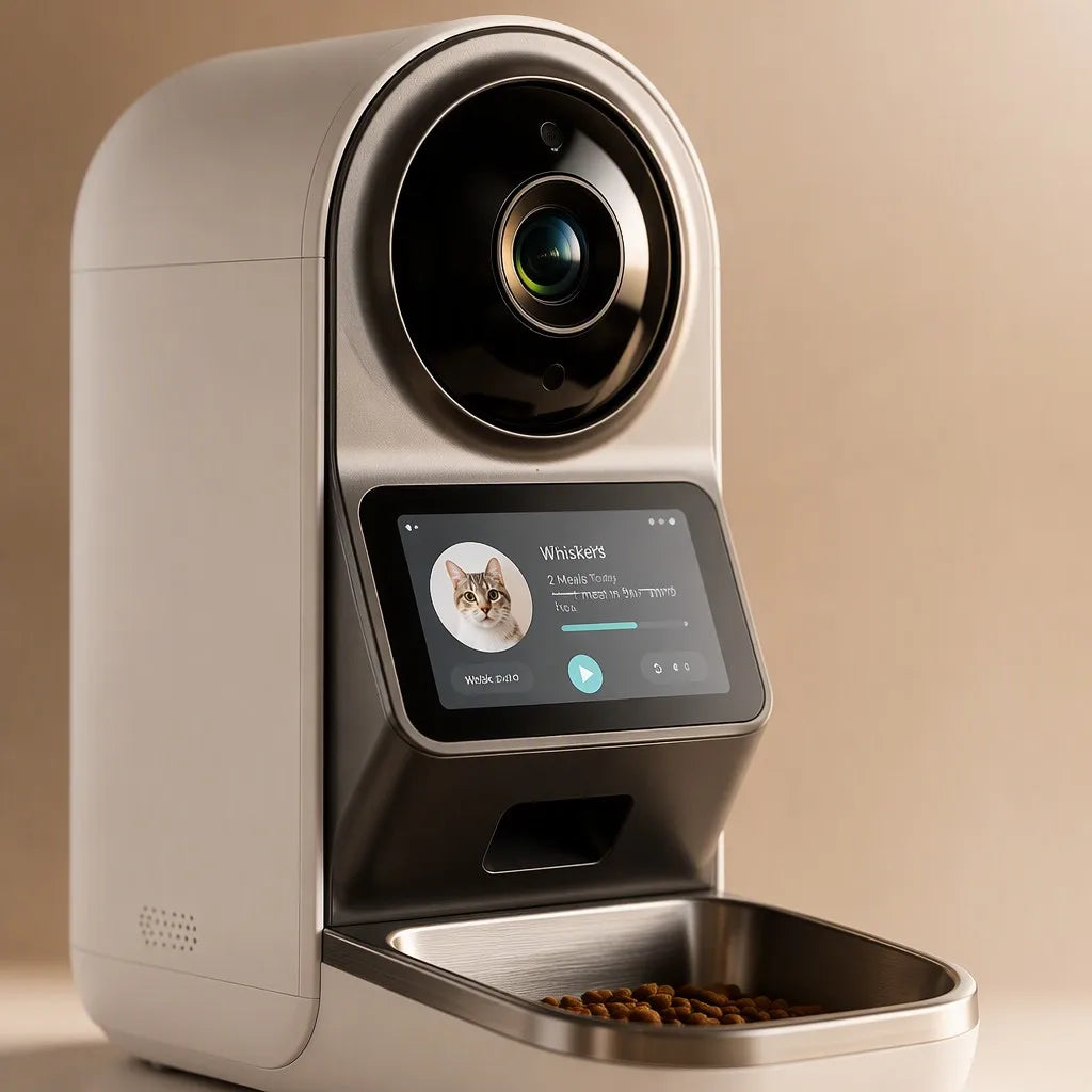 OpenClaw Aura 4K pet feeder spherical 4K camera lens and stainless steel bowl close-up