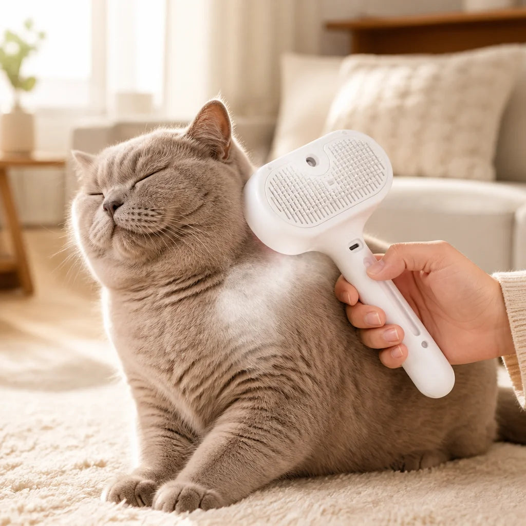 Grooming and Deshedding Cat with Steamy Brush