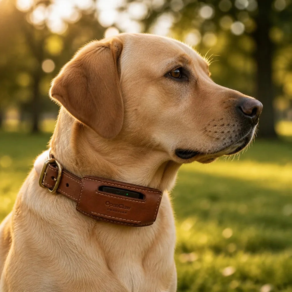 OpenClaw Guardian Italian leather GPS sleeve on dog in park